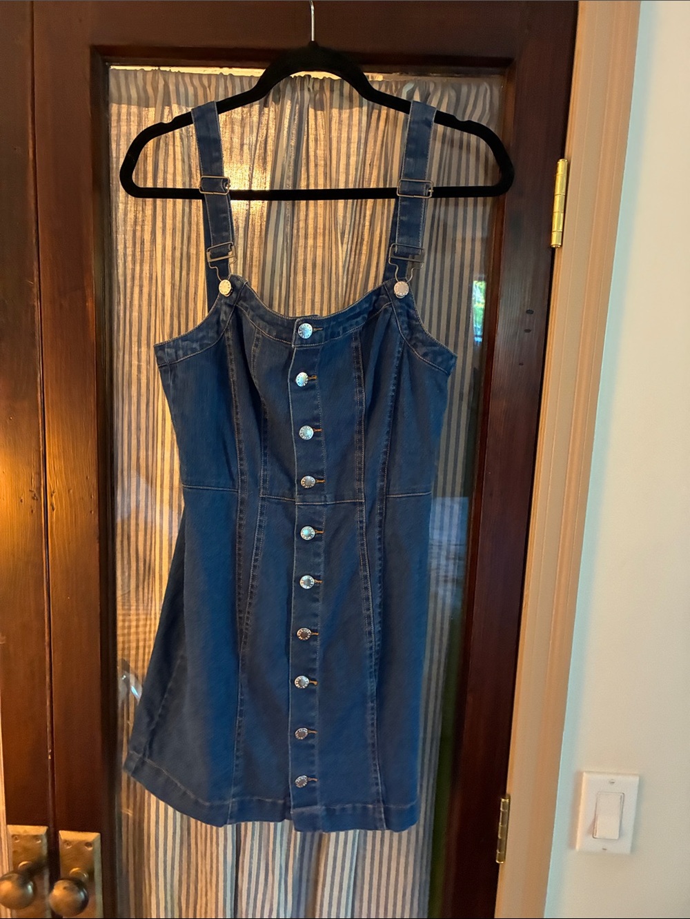 Dark Blue Denim Button-Front Mini Dress with Adjustable Straps